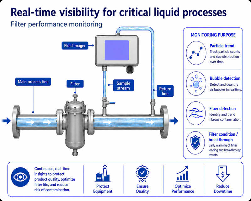 Infographic showing FiltMon monitoring a filter with a fluid imager, sample stream, return line, and performance insights.